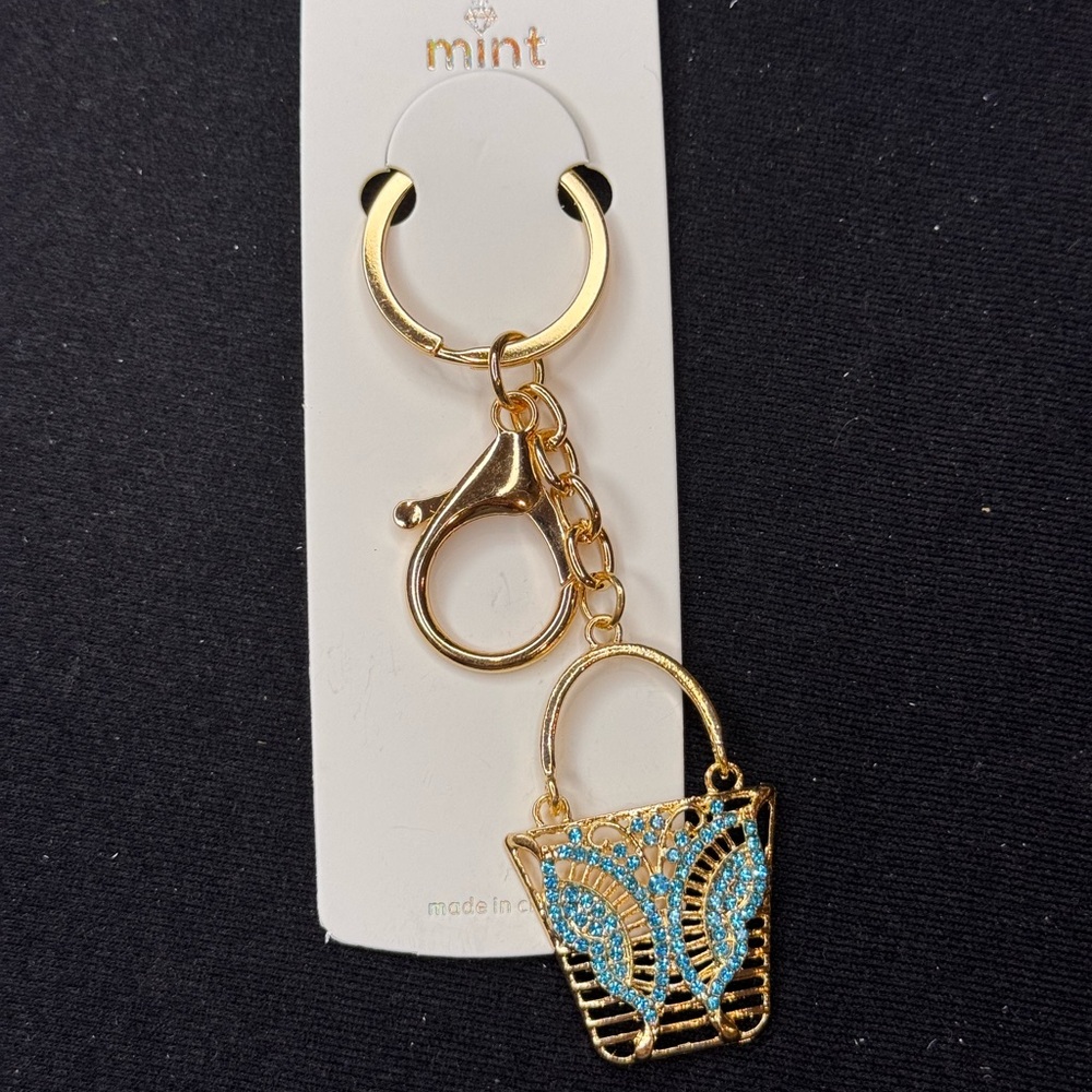 BAG CHARM Mint Gold and Blue Crystal Butterfly Tote Bag Purse Keychain